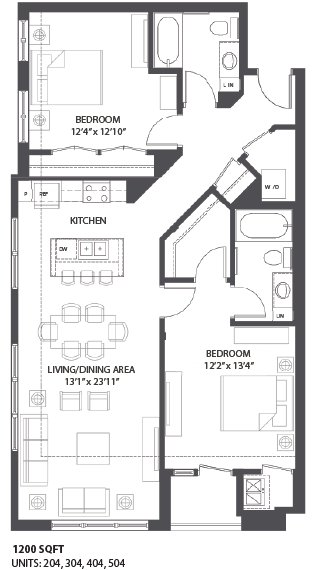 Floor plan for 2 beds, 2 baths, 1200 sqft